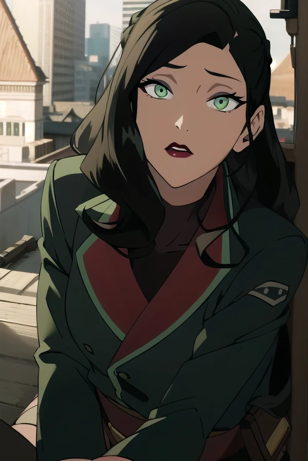 korraasami, <lora:asami-lora-nochekaiser:1>, 
asami, long hair, (green eyes:1.5), (black hair:1.5),
BREAK jacket, belt, makeup, lipstick, red lips,
BREAK looking at viewer,
BREAK outdoors, 
BREAK <lyco:GoodHands-beta2:1>, (masterpiece:1.2), best quality, high resolution, unity 8k wallpaper, (illustration:0.8), (beautiful detailed eyes:1.6), extremely detailed face, perfect lighting, extremely detailed CG, (perfect hands, perfect anatomy),