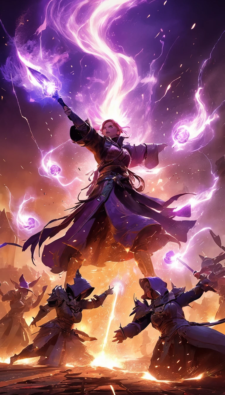 Cinematic scene, a mage casting spells of destruction on an enemy army, with sparks flying everywhere, masterpiece, best quality, high quality, absurdres, vivid, guild wars 2 <lora:guild_wars_xl_v3:1>