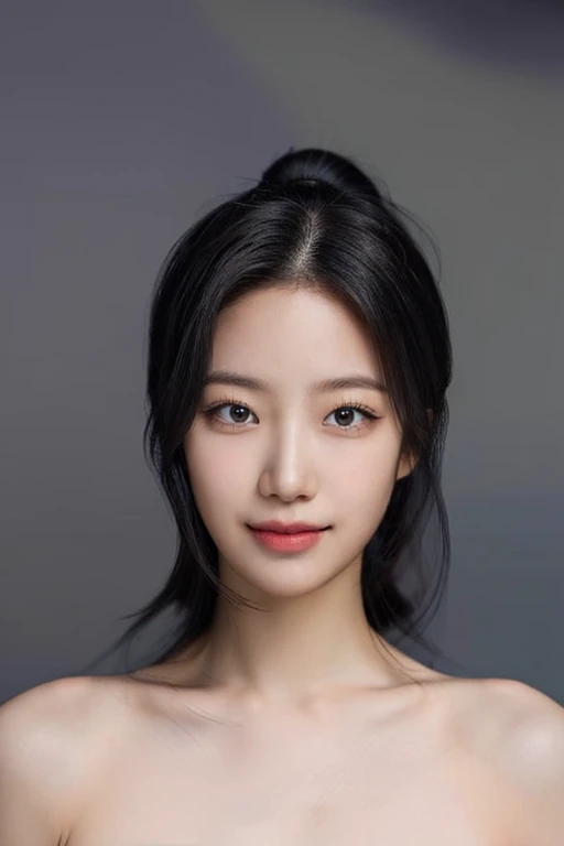 (masterpiece, top quality, best quality, (close-up photograph: 2), ((1girl)), fair skin, (((closed mouth))), small eyes, (extremely detailed face), looking straight, ultra-detailed eyes and pupils, ((bare pectorals)), ((bare chest)), bare head, nude dress, (((bare shoulders))), symmetrical frame, ((strapless)), (smile), ((symmetrical pose)), looking at viewer, (((looking at viewer))), (symmetrical face: 1.6), 35mm, simple grey background, ((studio lighting)), no watermark, ((black hair)), ponytail, <lora:kazuhalorashy:0.85>