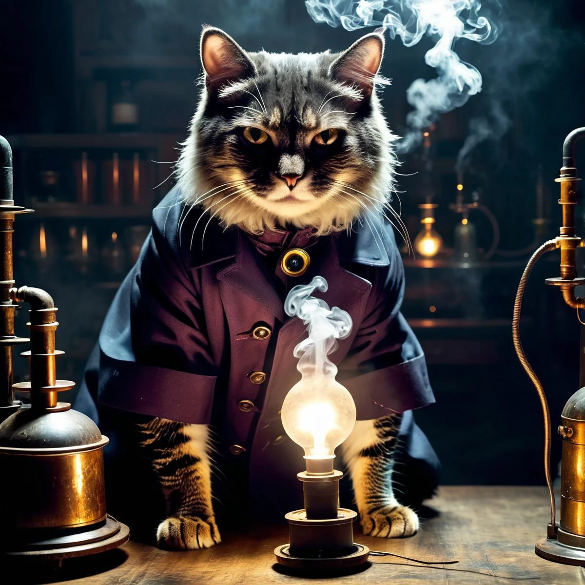 old evil scientist, (((cat))), psycho, victorian, science coat, ((dark experiments)), smoke, electric sparks, victorian, dark science lab, dark atmosphere, Homunculus