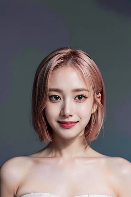 (masterpiece, top quality, best quality, (close-up photograph: 2), ((1girl)), fair skin, (((closed lips))), small eyes, (extremely detailed face), looking straight, ultra-detailed eyes and pupils, ((bare pectorals)), ((bare chest)), bare head, nude dress, (((bare shoulders))), symmetrical frame, ((strapless)), (((smile))), ((symmetrical pose)), looking at viewer, (((looking at viewer))), (symmetrical face: 1.6), 35mm, simple grey background, ((studio lighting)), no watermark, (blonde pink short hair)), single strand braid, <lora:jlorashy:0.85>