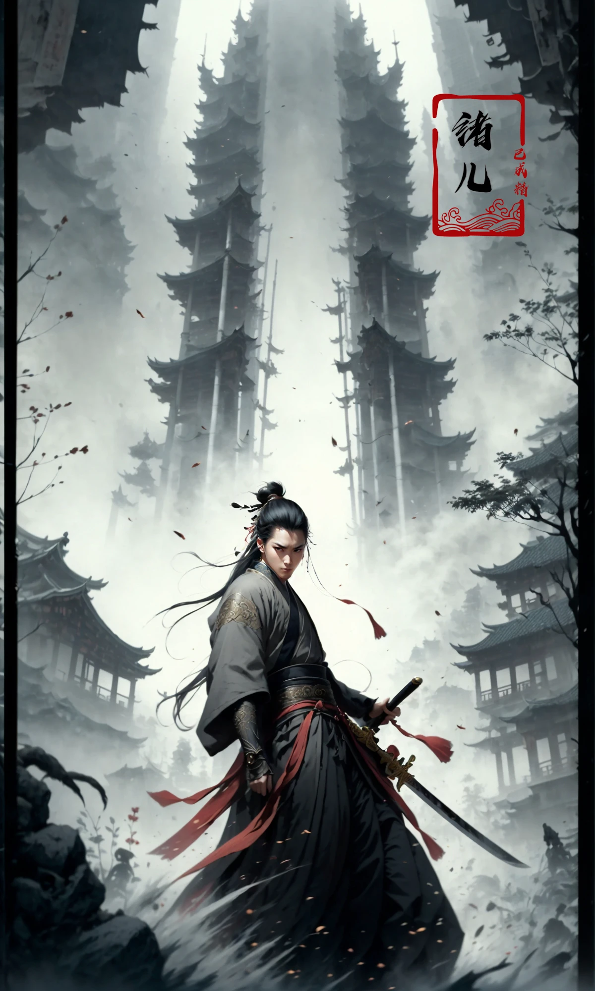 (dramatic, gritty, intense:1.4),masterpiece, best quality, 8k, insane details, intricate details, hyperdetailed, hyper quality, high detail, ultra detailed, Masterpiece,
1girl,solo, hanfu,dress,red ribbon,jewelry,wind,long sleeves,long hair, hair ornament,tassel, (full body:0.8),
holding weapon, sword,
looking at viewerrealisticbamboo groveChinese architecture
A shot with tension(Visual impact,giving the poster a dynamic and visually striking appearance:1.2),Chinese Zen style,impactful picture,
<lora:~Q?-N-VRQswordsman:0.9>