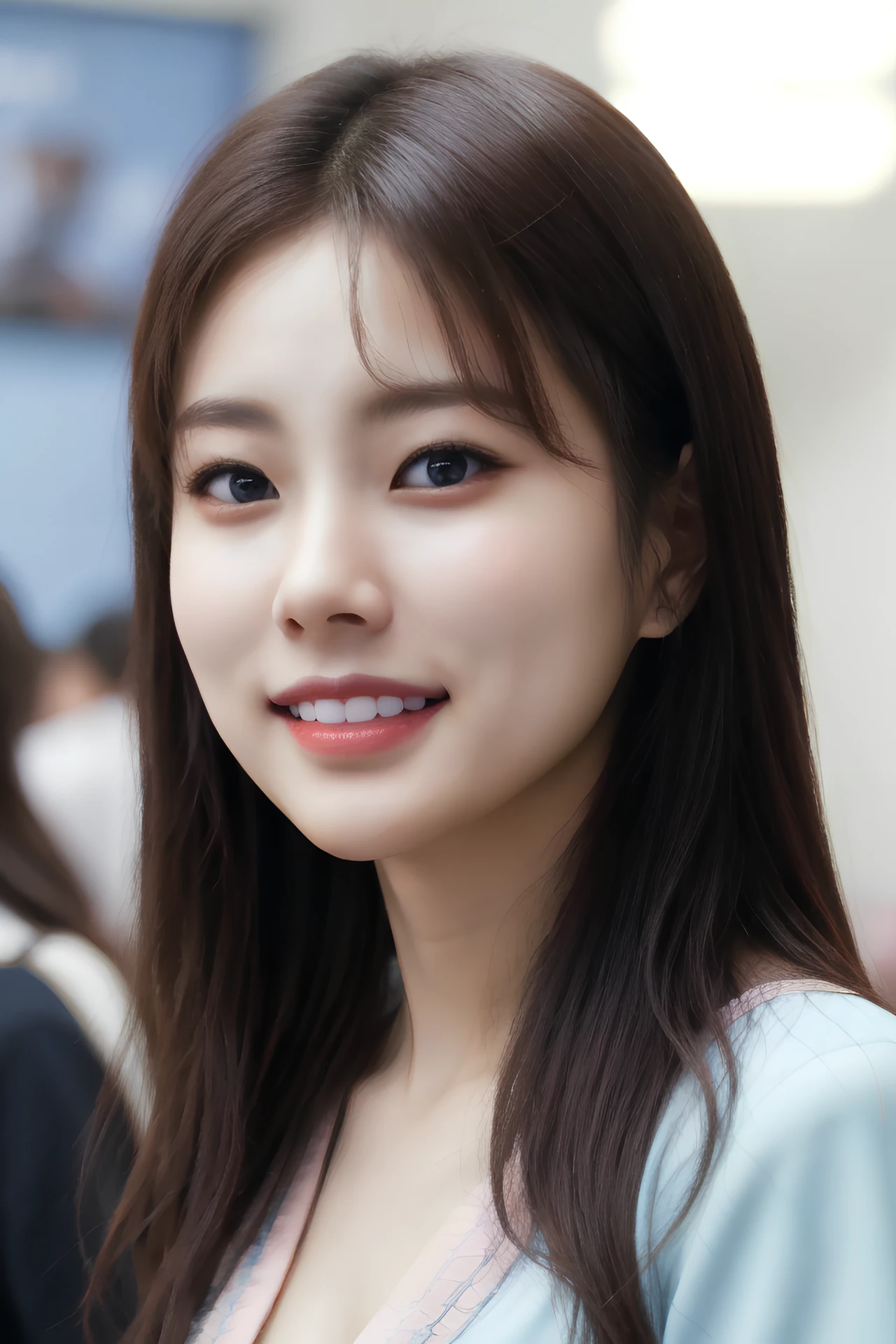 1girl,(wearing a pastel blue blouse:1.4),(RAW photo, best quality), (realistic, photo-realistic:1.4), masterpiece, an extremely delicate and beautiful, extremely detailed, 2k wallpaper, Amazing, finely detail, extremely detailed CG unity 8k wallpaper, ultra-detailed, highres, soft light, beautiful detailed girl, extremely detailed eyes and face, beautiful detailed nose, beautiful detailed eyes,cinematic lighting,city lights at night,perfect anatomy,slender body,(smiling),