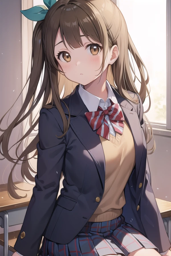kotoriminami, <lora:kotoriminami-lora-nochekaiser:1>, 
kotori minami, brown hair, (brown eyes:1.5), one side up, hair ribbon, ribbon, long hair,
BREAK blazer, blue skirt, jacket, otonokizaka school uniform, pleated skirt, school uniform, winter uniform,
BREAK looking at viewer,
BREAK indoors, classroom, 
BREAK <lyco:GoodHands-beta2:1>, (masterpiece:1.2), best quality, high resolution, unity 8k wallpaper, (illustration:0.8), (beautiful detailed eyes:1.6), extremely detailed face, perfect lighting, extremely detailed CG, (perfect hands, perfect anatomy),