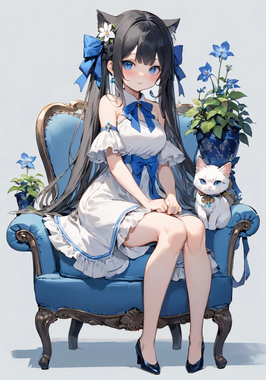 Anime girl sitting on a blue chair with a cat and flower pot - SeaArt AI