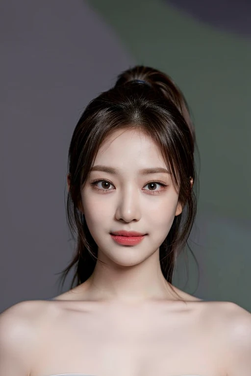 (masterpiece, top quality, best quality, (close-up photograph: 2), ((1girl)), fair skin, (((closed mouth))), small eyes, (extremely detailed face), looking straight, ultra-detailed eyes and pupils, ((bare pectorals)), ((bare chest)), bare head, nude dress, (((bare shoulders))), symmetrical frame, (((strapless))), ((smile)), ((symmetrical pose)), looking at viewer, (((looking at viewer))), (symmetrical face: 1.6), 35mm, simple grey background, ((studio lighting)), no watermark, ((long brunette hair)), ponytail, <lora:ningninglorashy:0.85>
