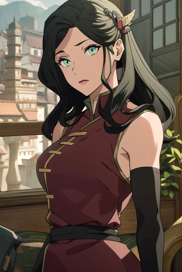 korraasami, <lora:asami-lora-nochekaiser:1>, 
asami, long hair, (green eyes:1.4), (black hair:1.5),
BREAK hair ornament, dress, sleeveless, makeup, chinese clothes, lipstick,
BREAK looking at viewer,
BREAK outdoors, 
BREAK <lyco:GoodHands-beta2:1>, (masterpiece:1.2), best quality, high resolution, unity 8k wallpaper, (illustration:0.8), (beautiful detailed eyes:1.6), extremely detailed face, perfect lighting, extremely detailed CG, (perfect hands, perfect anatomy),