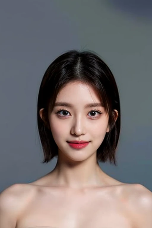 (masterpiece, top quality, best quality, (close-up photograph: 2), ((1girl)), fair skin, (extremely detailed face), looking straight, ((((ultra-detailed eyes and pupils)))), ((bare pectorals)), ((bare chest)), bare head, tube dress, (((bare shoulders))), symmetrical frame, ((strapless)), (((smile))), ((symmetrical pose)), (symmetrical face: 1.6), 35mm, (((minimal plain white background))), ((smile with eyes)), ((no lighting)), no watermark, ((long black hair)), <lora:iulorashy:1>