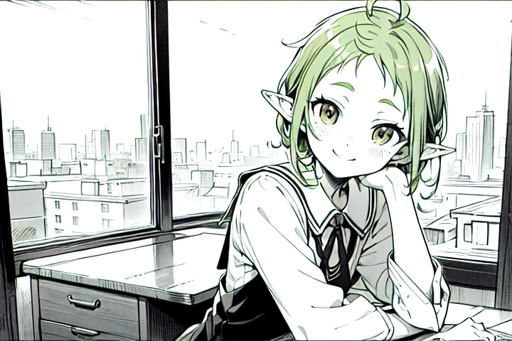 <lora:Sylphiette:0.7>
monochrome manga with Sylphiette, green hair, brown eyes, smile, school uniform, skirt, schoolgirl at her desk <lora:animeLineartMangaLike_v30MangaLike:0.7>