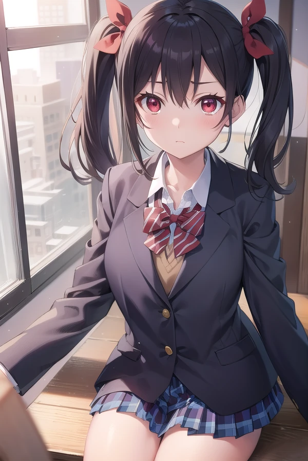 nicoyazawa, <lora:nicoyazawa-lora-nochekaiser:1>,
nico yazawa, black hair, (red eyes:1.5), twintails, hair bow, bow, red bow, (flat chest:1.2),
BREAK blazer, blue skirt, jacket, otonokizaka school uniform, pleated skirt, school uniform, winter uniform,
BREAK looking at viewer,
BREAK indoors, classroom,
BREAK <lyco:GoodHands-beta2:1>, (masterpiece:1.2), best quality, high resolution, unity 8k wallpaper, (illustration:0.8), (beautiful detailed eyes:1.6), extremely detailed face, perfect lighting, extremely detailed CG, (perfect hands, perfect anatomy),