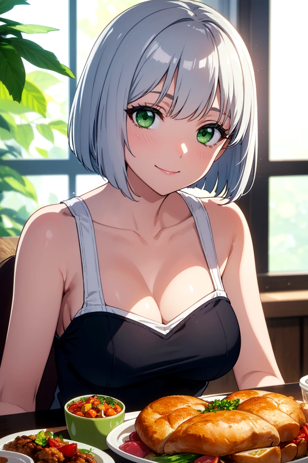 masterpiece, best quality,
short hair, bob cut, silver hair, green eyes, food, window, bokeh, smile, large breasts,
indoors, sitting, close-up, dynamic range,