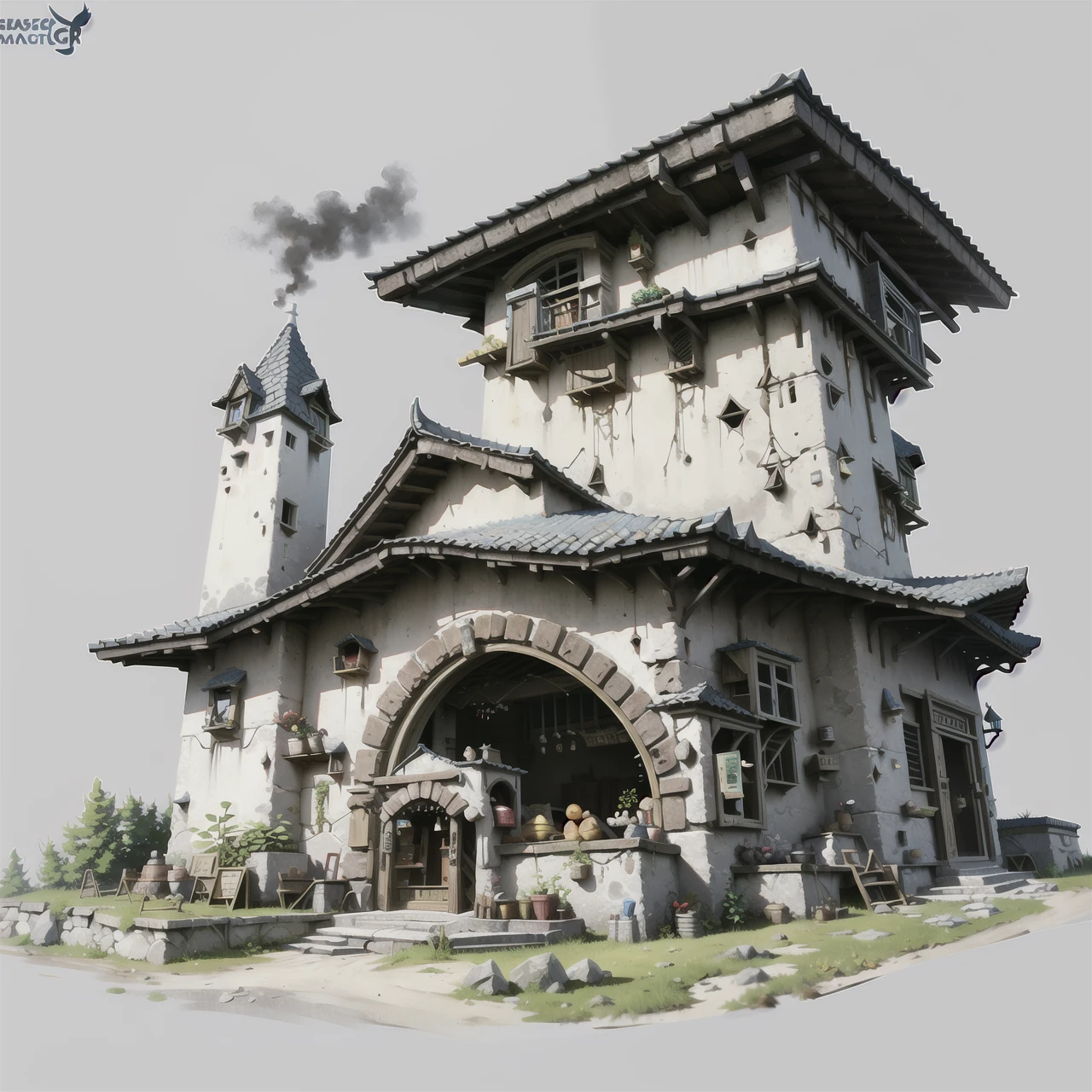 (masterpiece:1.2), best quality, masterpiece, highres, original, extremely detailed wallpaper, perfect lighting, CG,realism,oil painting,unreal engine,concept art,grey_background,scenery, building,European style,huge,