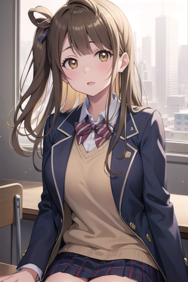 kotoriminami, <lora:kotoriminami-lora-nochekaiser:1>,
kotori minami, brown hair, (brown eyes:1.5), one side up, hair ribbon, ribbon, long hair,
BREAK blazer, blue skirt, jacket, otonokizaka school uniform, pleated skirt, school uniform, winter uniform,
BREAK looking at viewer,
BREAK indoors, classroom,
BREAK <lyco:GoodHands-beta2:1>, (masterpiece:1.2), best quality, high resolution, unity 8k wallpaper, (illustration:0.8), (beautiful detailed eyes:1.6), extremely detailed face, perfect lighting, extremely detailed CG, (perfect hands, perfect anatomy),