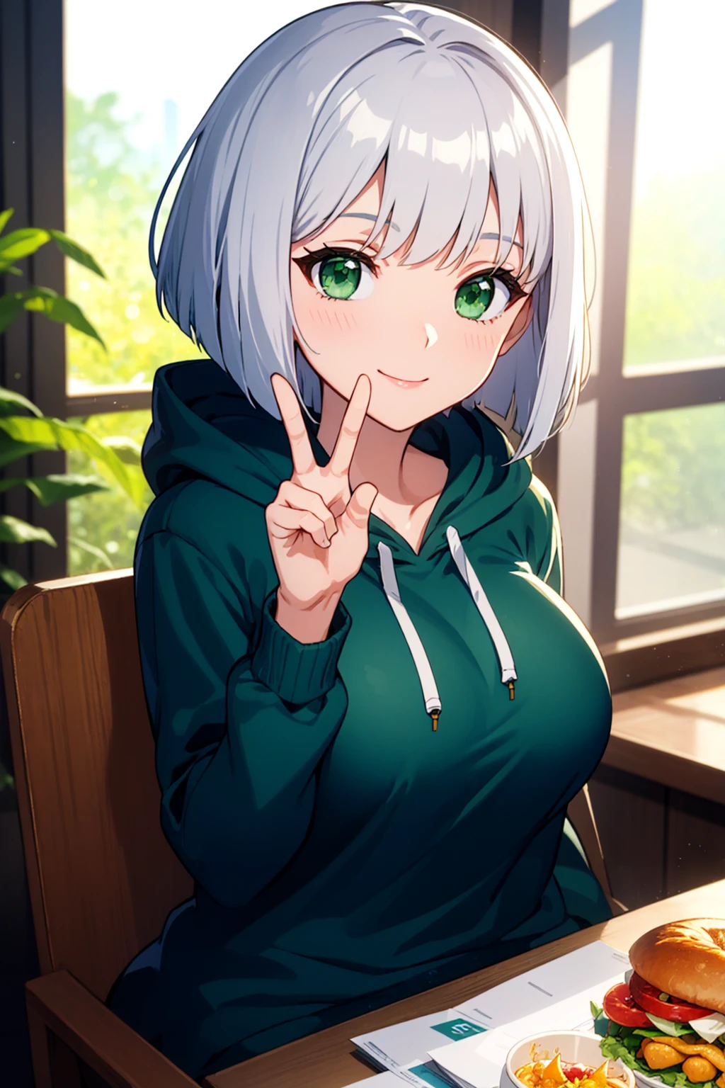 masterpiece, best quality,
short hair, bob cut, silver hair, green eyes, food, window, bokeh, smile, large breasts, hoodie, peace sign,
indoors, sitting, close-up, dynamic range,