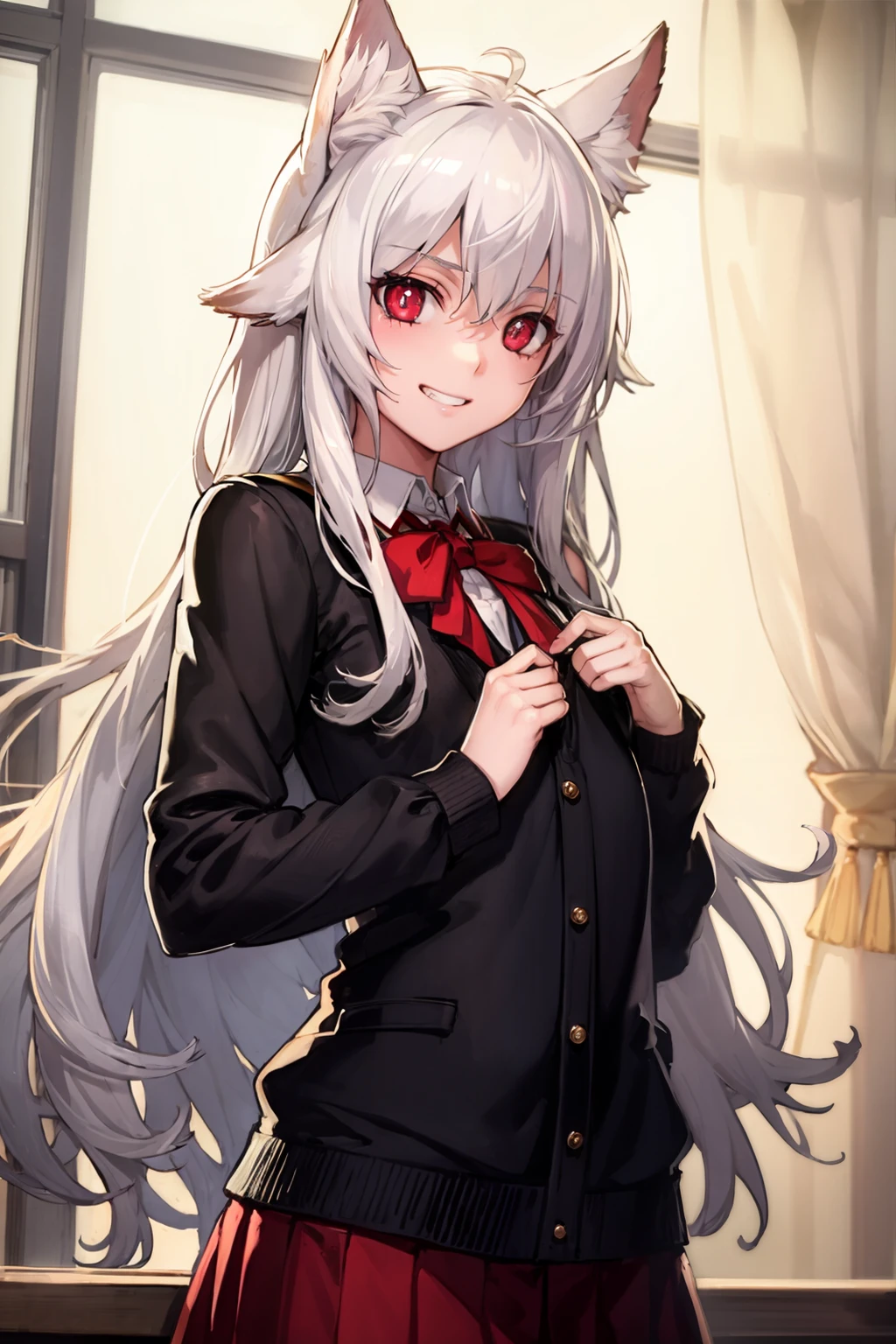 masterpiece, best quality, <lora:style03:1>,1girl,animal ears, white hair,long hair,red eyes,grin,pupils,school uniform, flat chest, shiny skin,