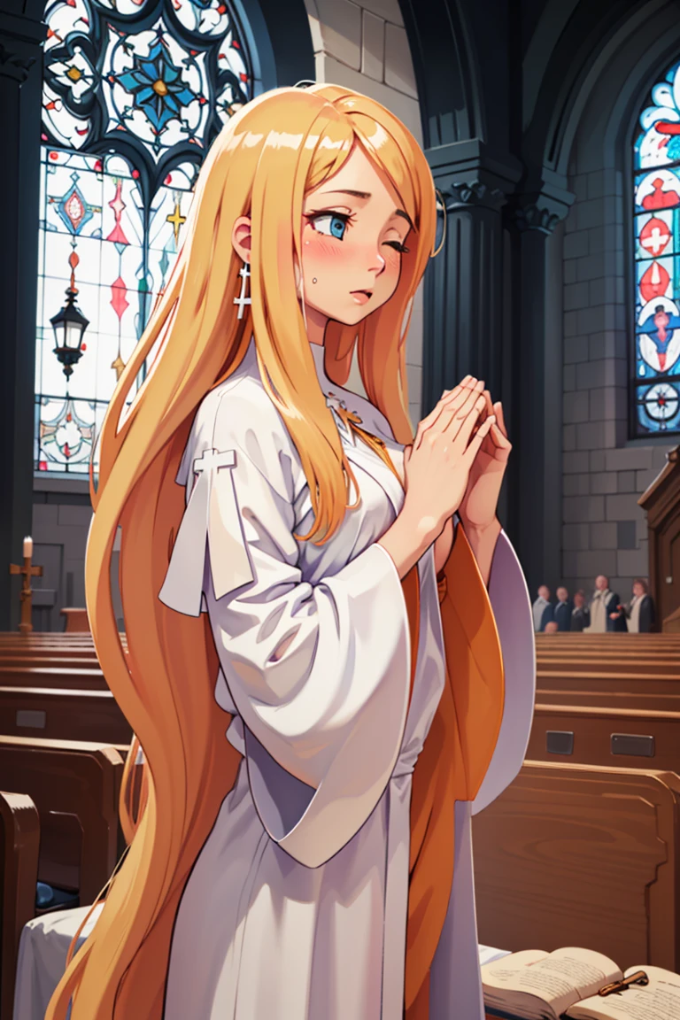 ((masterpiece,best quality)), absurdres,
<lora:Alouette_La_Pucelle_Anime:0.8>, blonde, robe, very long hair, cross,
solo, eyes closed praying, blushing, upper body,
church background, cinematic composition, dynamic pose,