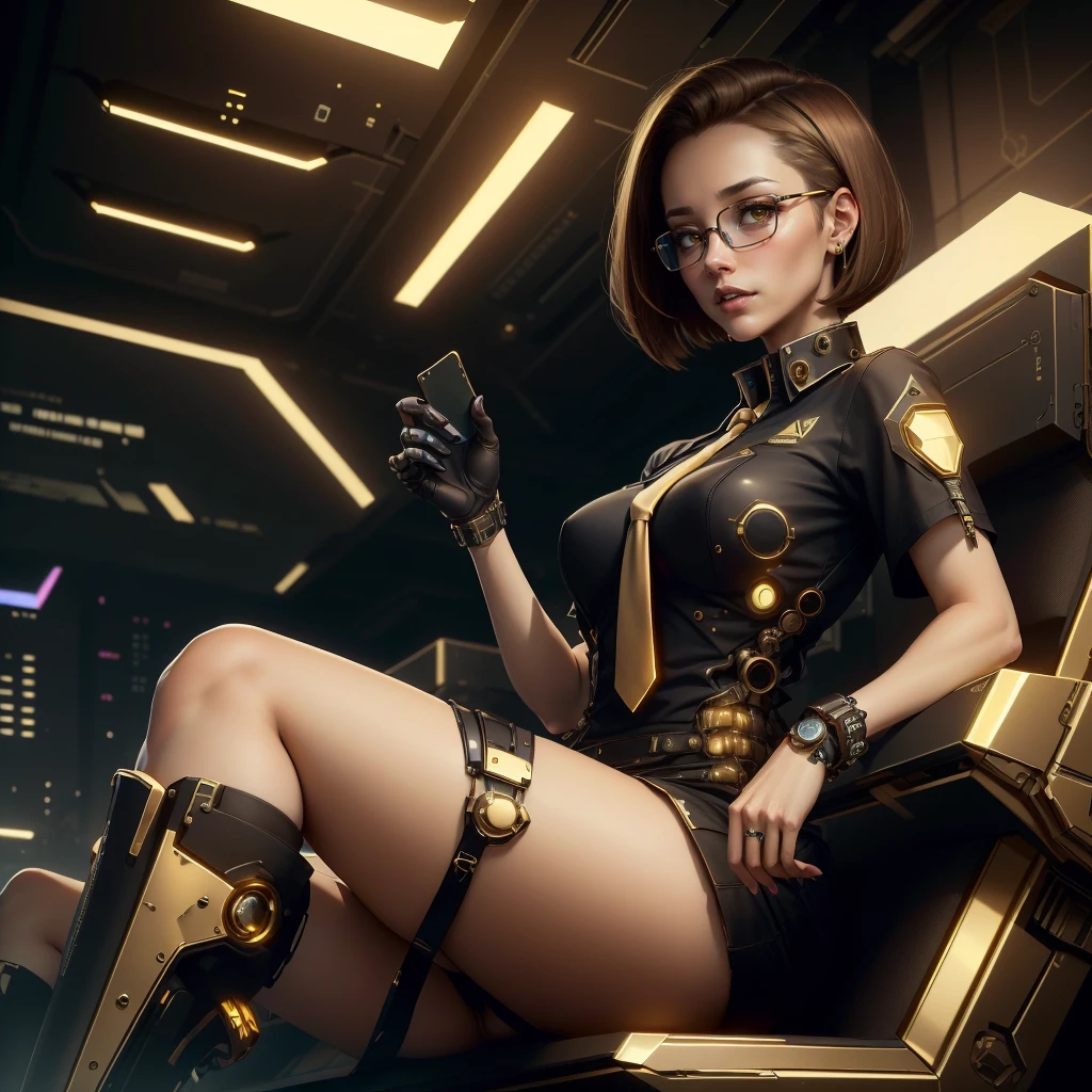 <lora:LuxTech-20:1>,luxtech ,scifi, luxurious,  gold, cyberpunk, 
office lady, glasses, brown hair, bob cut, miniskirt,  shirt, necktie,
