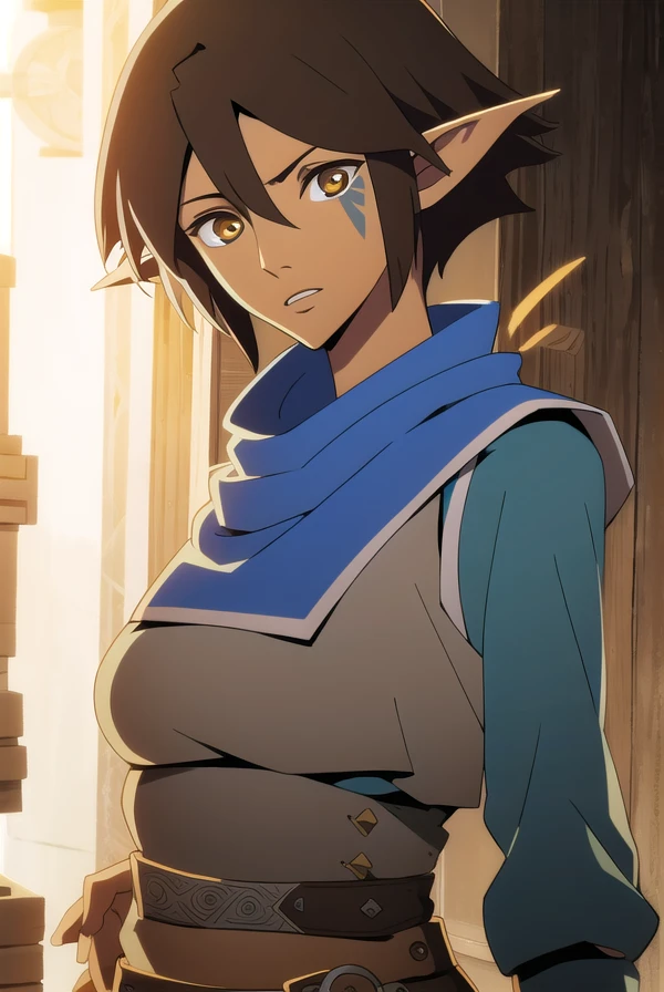 dragonagemiriam, <lora:miriam-lora-nochekaiser:1>,
miriam, short hair, brown hair, pointy ears, elf, (brown eyes:1.4), facial mark,
BREAK belt, scarf, armor, blue scarf,
BREAK looking at viewer,
BREAK outdoors,
BREAK <lyco:GoodHands-beta2:1>, (masterpiece:1.2), best quality, high resolution, unity 8k wallpaper, (illustration:0.8), (beautiful detailed eyes:1.6), extremely detailed face, perfect lighting, extremely detailed CG, (perfect hands, perfect anatomy),