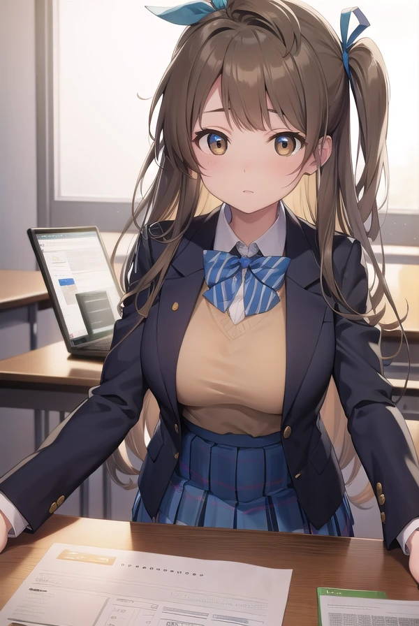 kotoriminami, <lora:kotoriminami-lora-nochekaiser:1>,
kotori minami, brown hair, (brown eyes:1.5), one side up, hair ribbon, ribbon, long hair,
BREAK blazer, blue skirt, jacket, otonokizaka school uniform, pleated skirt, school uniform, winter uniform,
BREAK looking at viewer,
BREAK indoors, classroom,
BREAK <lyco:GoodHands-beta2:1>, (masterpiece:1.2), best quality, high resolution, unity 8k wallpaper, (illustration:0.8), (beautiful detailed eyes:1.6), extremely detailed face, perfect lighting, extremely detailed CG, (perfect hands, perfect anatomy),