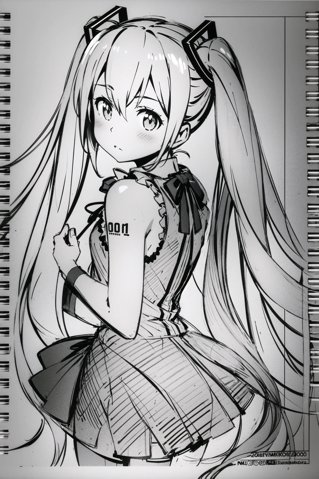 1girl, monochrome, long hair, solo, twintails, greyscale, hatsune miku, looking back, very long hair, lineart, sketch, <lora:Kanzaki Hiro:0.8>