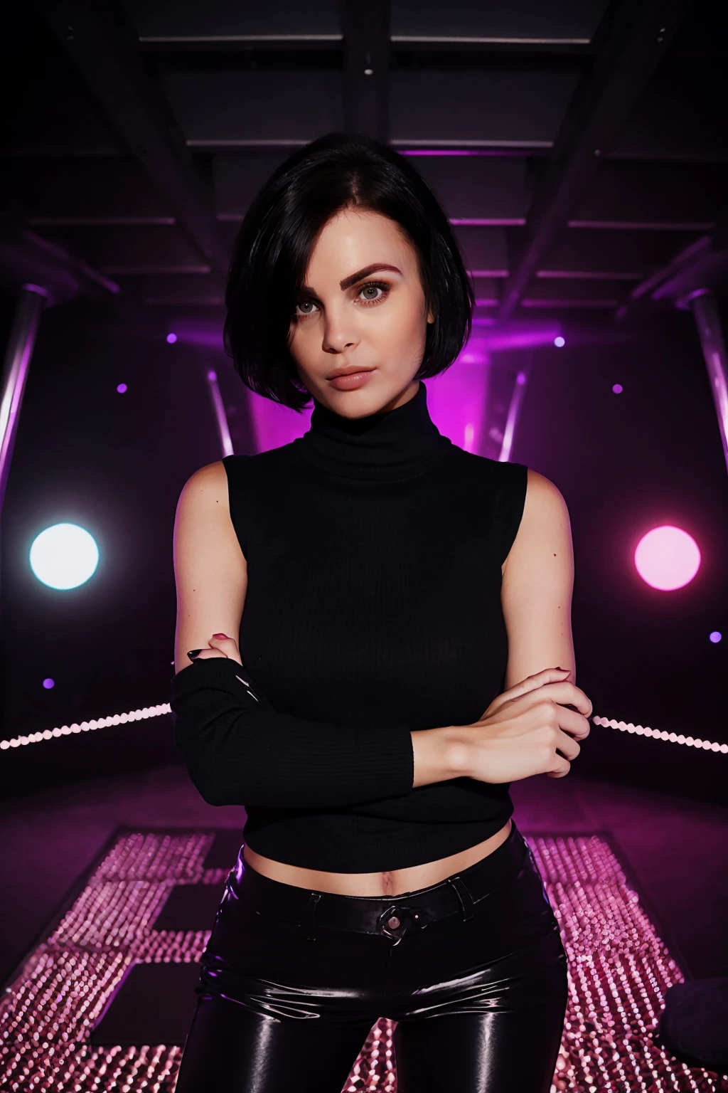 head and shoulders shot, facing the camera, looking straight into camera, wo_emglove01 woman, sfw, short black hair, wearing black tight pants and turtleneck sweater, crossed arms, big knockers, fashion photography, (in a nightclub:1.2), seductive eyes, <lora:woEmglove01:1>