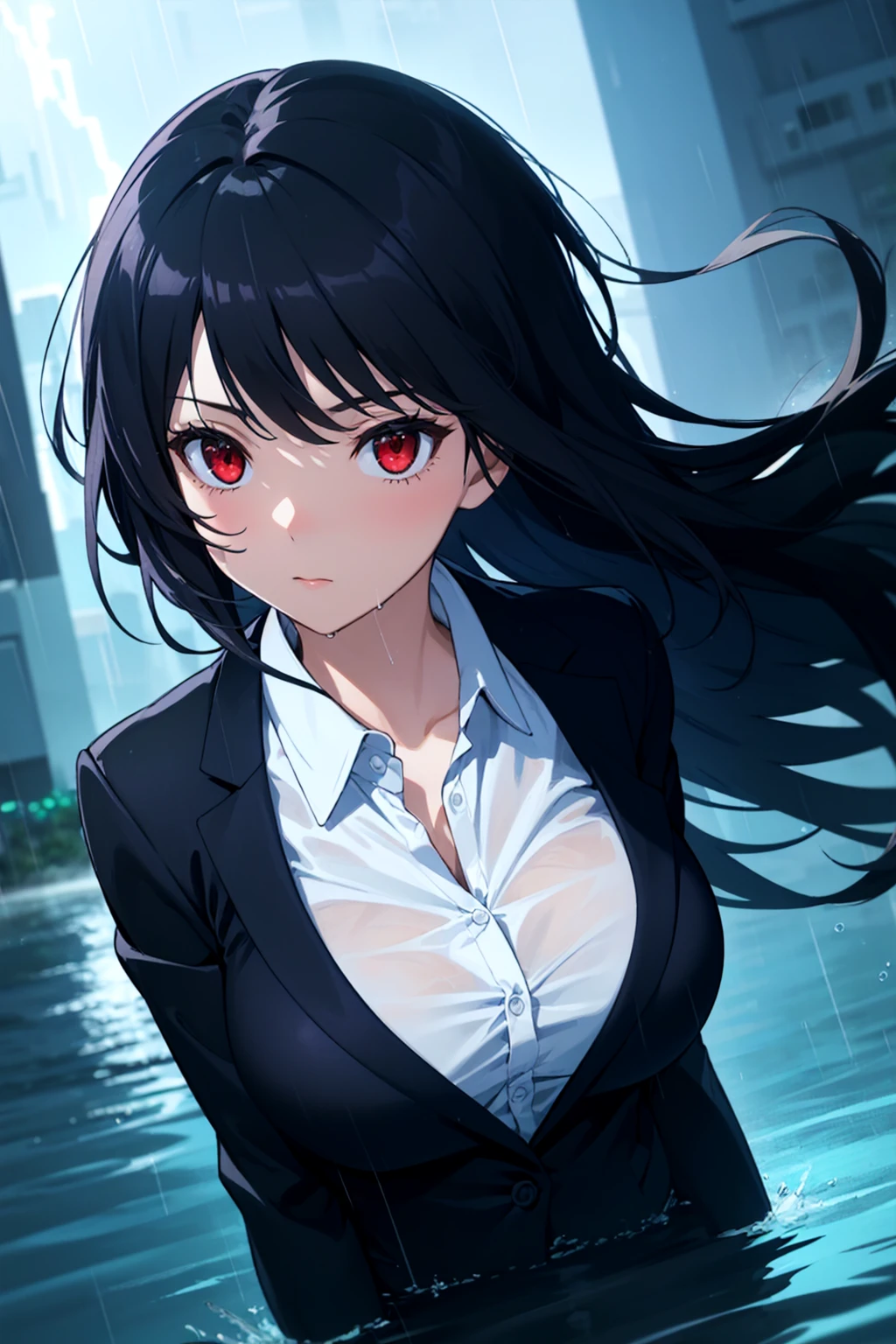 (masterpiece, best quality,) 1girl,
long hair, black hair, red eyes, large breasts, suit jacket, shirt,
rain, flood, cityscape, depth of field, wind, storm, close-up, partially underwater shot,