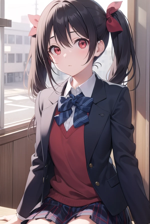 nicoyazawa, <lora:nicoyazawa-lora-nochekaiser:1>,
nico yazawa, black hair, (red eyes:1.5), twintails, hair bow, bow, red bow, (flat chest:1.2),
BREAK blazer, blue skirt, jacket, otonokizaka school uniform, pleated skirt, school uniform, winter uniform,
BREAK looking at viewer,
BREAK indoors, classroom,
BREAK <lyco:GoodHands-beta2:1>, (masterpiece:1.2), best quality, high resolution, unity 8k wallpaper, (illustration:0.8), (beautiful detailed eyes:1.6), extremely detailed face, perfect lighting, extremely detailed CG, (perfect hands, perfect anatomy),