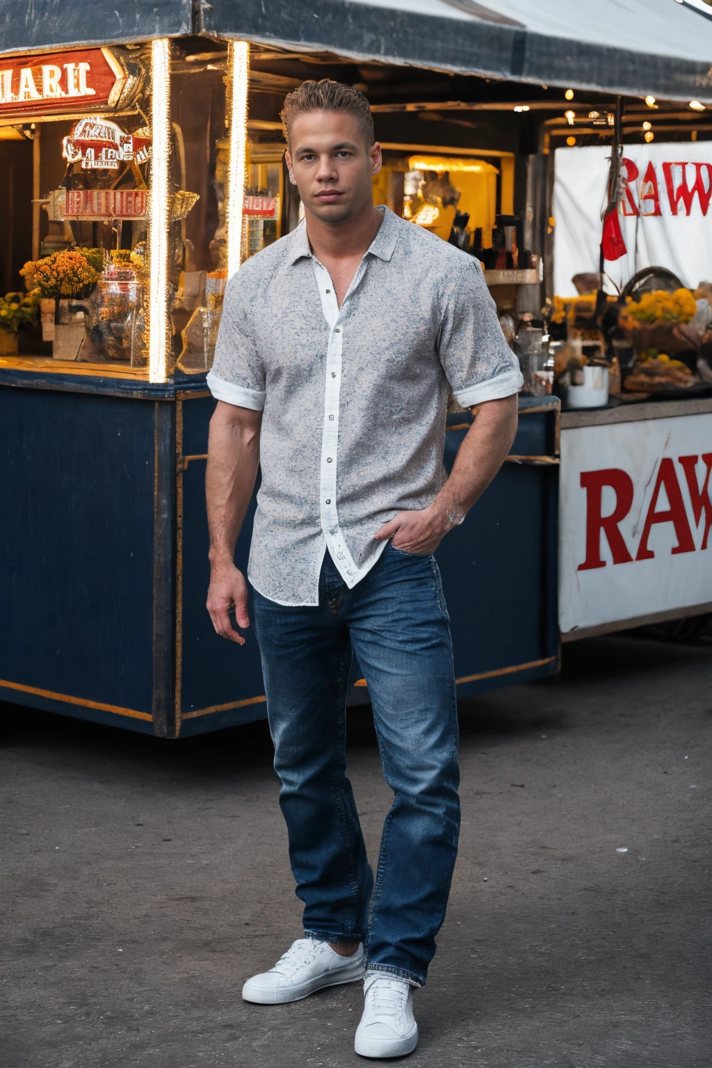 RAW Photo, full body shot photo of man matthew_rush posing in shirt and blue jeans and white sneakers standing at a carnival during the day <lora:matthew_rush-03:1>, 8k uhd, dslr, soft lighting, high quality, film grain, Fujifilm XT3*