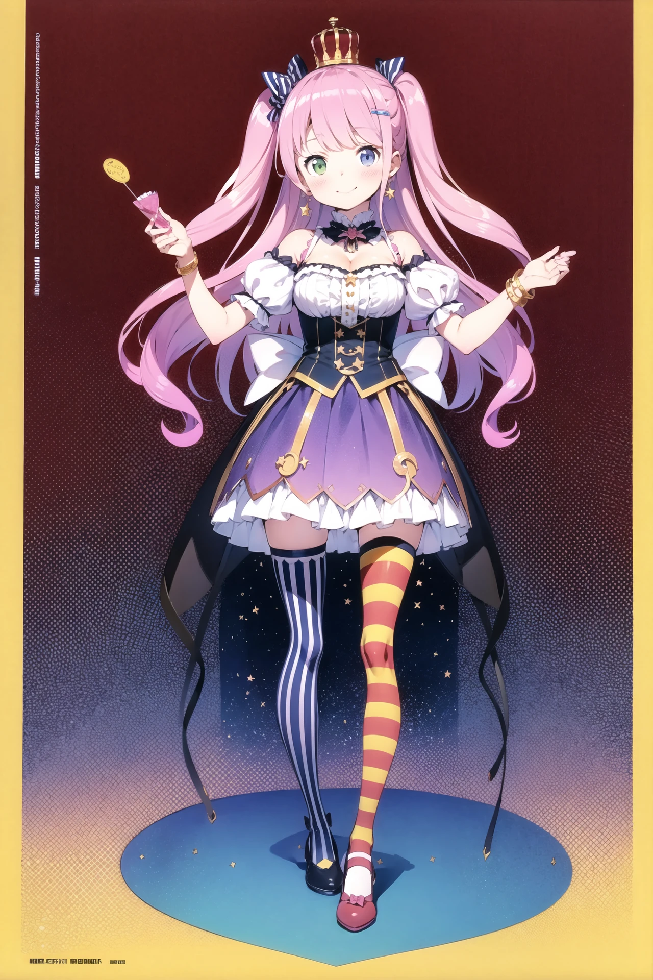 1girl, virtual youtuber, himemori luna, solo, jewelry, heterochromia, thighhighs, crown, single hair ring, smile, bracelet, pink hair, hair ornament, food-themed hair ornament, long hair, candy hair ornament, striped, asymmetrical legwear, multicolored hair, full body, mismatched legwear, gradient hair, dress, hair rings, high heels, green eyes, vertical-striped thighhighs, crescent, purple eyes, vertical stripes, looking at viewer, short sleeves, breasts, standing, puffy short sleeves, puffy sleeves, striped thighhighs, bangs, mini crown, pink dress, zettai ryouiki, gradient, shoes, skirt, closed mouth, bow, detached collar, gradient legwear, purple hair, blue thighhighs, princess, crescent earrings, star print, wavy hair, medium breasts, blue hair, one side up, blush, frills, star (symbol), <lora:Kanzaki Hiro:0.8>