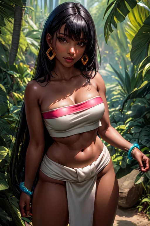 (masterpiece:1.2), (best quality), (ultra detailed), (8k, 4k, intricate),(full-body-shot:1),(cowboy:1.2), (highly detailed:1.2),(detailed face:1.2), (detailed background),detailed landscape, ((portrait)), (dynamic pose:1.2), <lora:more_details:0.5>  <lora:chel:0.7>chel 1girl, solo, long hair, breasts, looking at viewer, smile, bangs, black hair, navel, cleavage, bare shoulders, brown eyes, jewelry, medium breasts, standing, collarbone, thighs, earrings, barefoot, midriff, dark skin, bracelet, dark-skinned female, lips, crop top, strapless, toes, pelvic curtain, tube top, loincloth,forest background