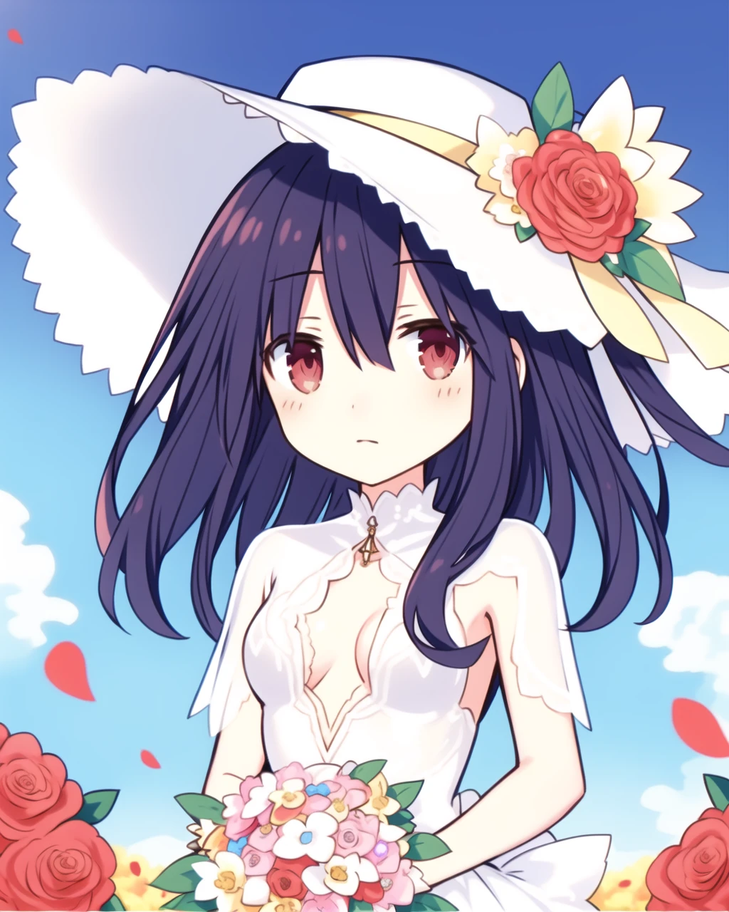 (masterpiece, best quality), 1girl, flower, solo, dress, holding, sky, cloud, hat, outdoors, bangs, bouquet, rose, expressionless, blush, pink hair, flower field, red flower, pink eyes, white dress, looking at viewer, midium hair, holding flower, small breasts, red rose, holding bouquet, sun hat, white headwear, depth of field,