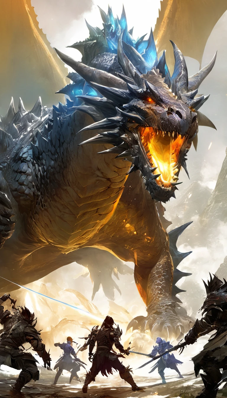 Cinematic scene, adventurers fighting a giant dragon, detailed background, masterpiece, best quality, high quality, absurdres, guild wars 2 <lora:guild_wars_xl_v4:1.5>