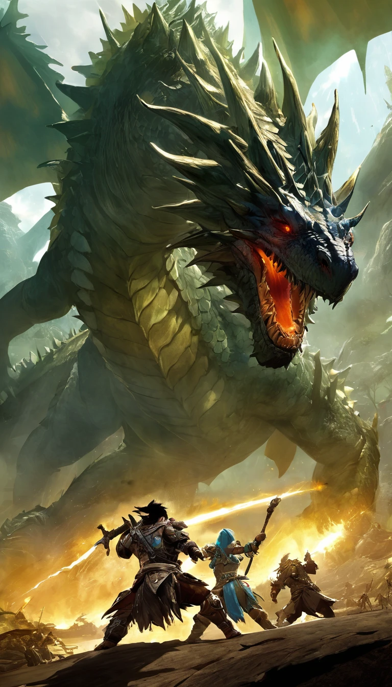 Cinematic scene, adventurers fighting a giant dragon, detailed background, masterpiece, best quality, high quality, absurdres, guild wars 2 <lora:guild_wars_xl_v4:1>