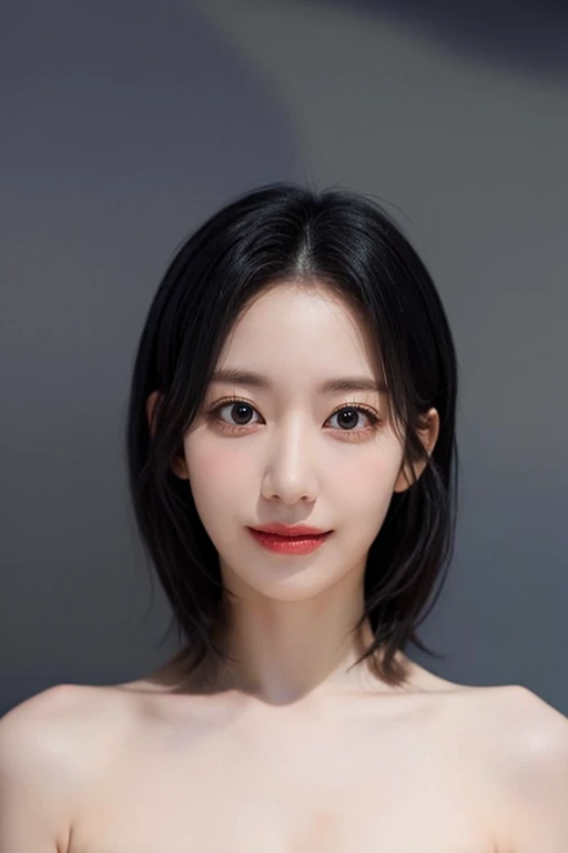 (masterpiece, top quality, best quality, (close-up photograph: 2), ((1girl)), korean, slim face, fair skin, (extremely detailed face), ((looking at viewer)), ((((ultra-detailed eyes and pupils)))), ((bare pectorals)), ((bare chest)), ((tube dress)), bare head, ((bare shoulders)), symmetrical frame, ((strapless)), (((smile))), ((closed mouth)), ((symmetrical pose)), (symmetrical face: 1.6), 35mm, ((((minimal plain white background)))), ((
no lighting)), long hair, no watermark, (short hair), brown hair, <lora:gaeullorashy:1>