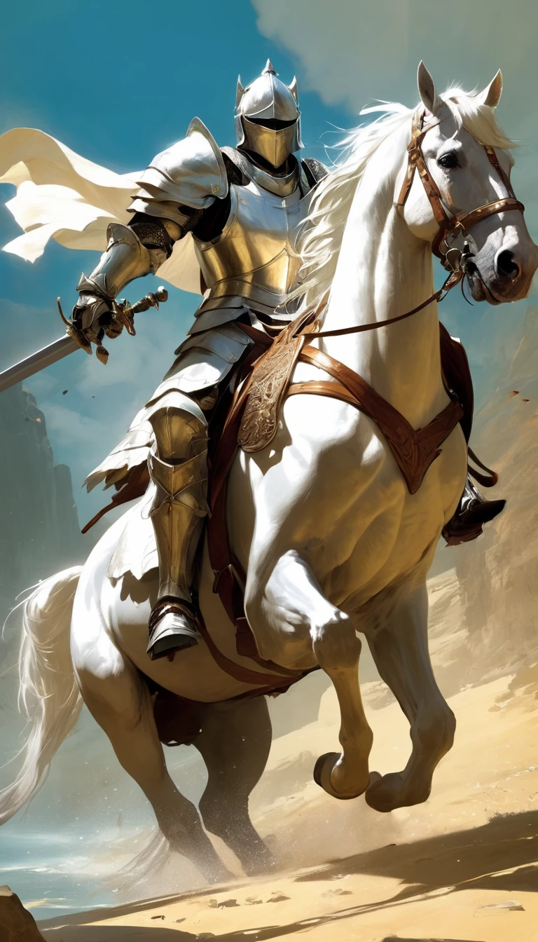 Cinematic scene, a knight in shining armor riding on a white horse, with a sword in hand and a shield on his arm, masterpiece, best quality, high quality, absurdres, vivid, guild wars 2 <lora:guild_wars_xl_v3:1>