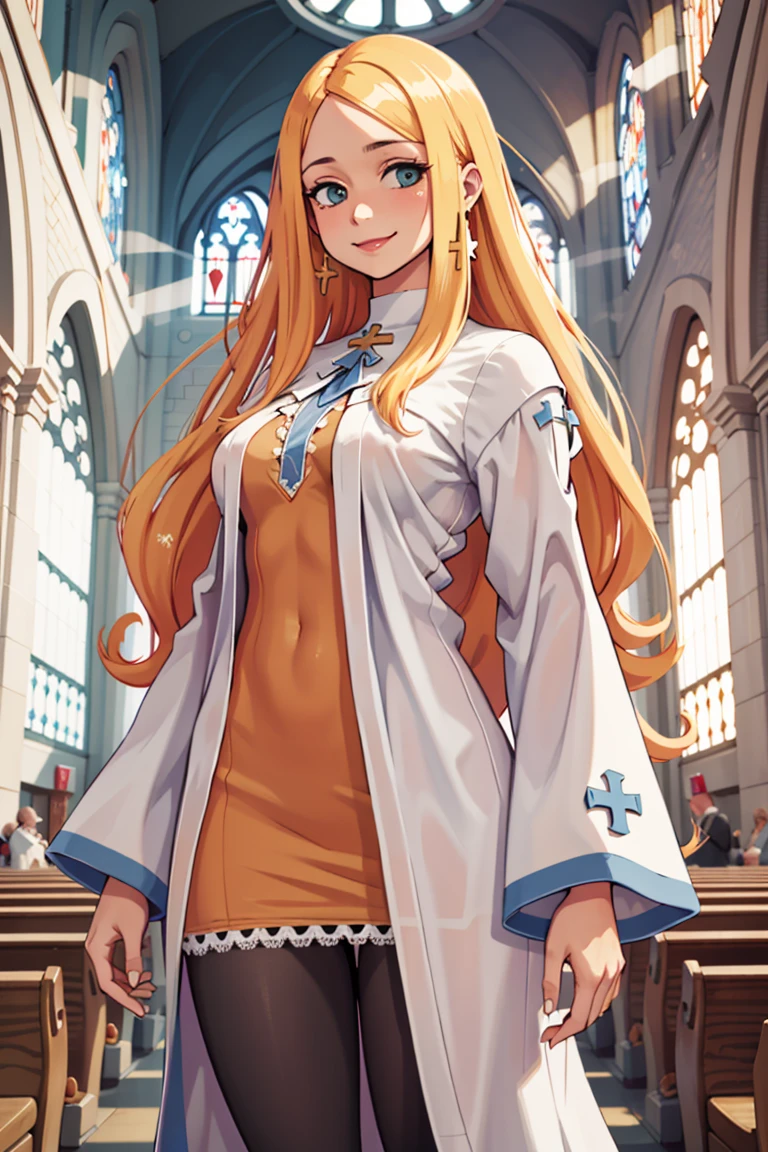 ((masterpiece,best quality)), absurdres,
<lora:Alouette_La_Pucelle_Anime:0.8>, blonde, robe, very long hair, cross, pantyhose, 
solo, smiling, looking at viewer, cowboy shot, 
church background, cinematic composition, dynamic pose,