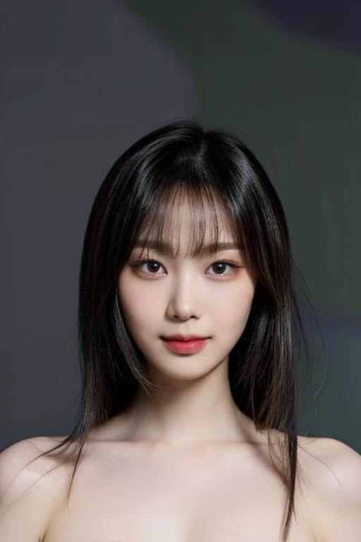 (masterpiece, top quality, best quality, (close-up photograph: 2), ((1girl)), fair skin, (((closed mouth))), small eyes, (extremely detailed face), looking straight, ultra-detailed eyes and pupils, ((bare pectorals)), ((bare chest)), bare head, nude dress, (((bare shoulders))), symmetrical frame, (((strapless))), ((smile)), ((symmetrical pose)), looking at viewer, (((looking at viewer))), (symmetrical face: 1.6), 35mm, simple grey background, ((studio lighting)), no watermark, ((long brunette hair)), bangs, <lora:gisellelorashy:0.85>