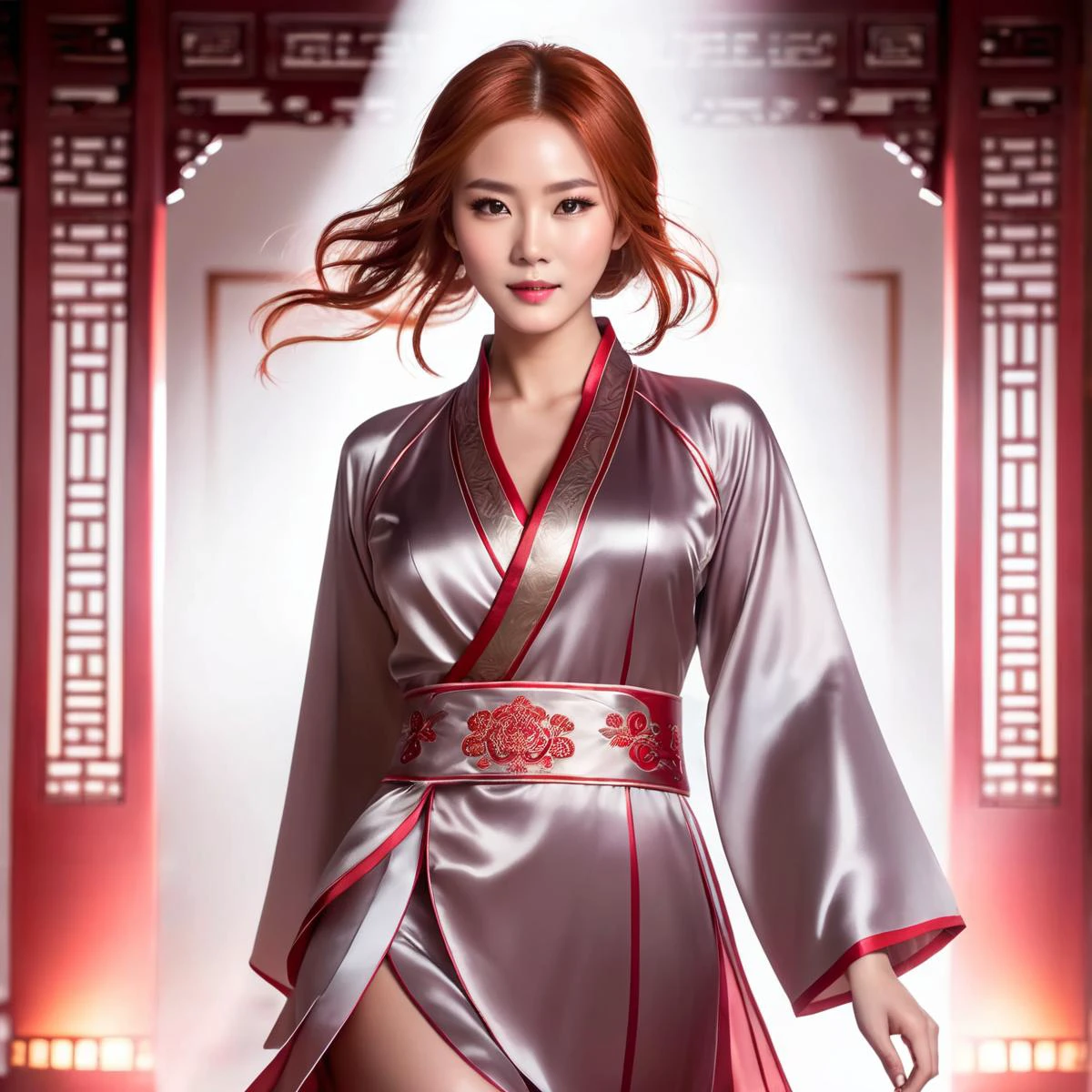 ung_woman, masterpiece, best quality, dynamic pos, ultra detailed, (chinese_clothing),full body, fluid movement, light trail, dramatic lighting, red tone, short red hair