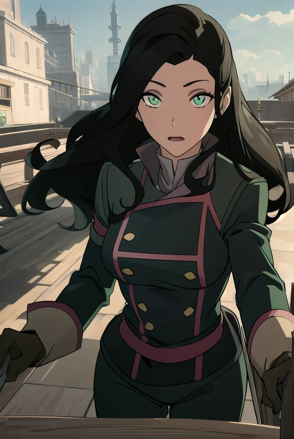 korraasami, <lora:asami-lora-nochekaiser:1>, 
asami, long hair, (green eyes:1.5), (black hair:1.5),
BREAK gloves, long sleeves, jacket, pants, uniform, military, military uniform, makeup, lipstick,
BREAK looking at viewer,
BREAK outdoors, 
BREAK <lyco:GoodHands-beta2:1>, (masterpiece:1.2), best quality, high resolution, unity 8k wallpaper, (illustration:0.8), (beautiful detailed eyes:1.6), extremely detailed face, perfect lighting, extremely detailed CG, (perfect hands, perfect anatomy),