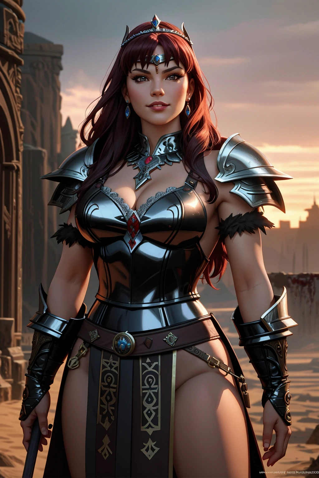((Masterpiece, best quality)), edgQuality,smug,smirk,
barbarian_woman, a woman dressed armor, posing for a picture,((blood, iron tiara))
<lora:edgBarbarian_MINI:1>