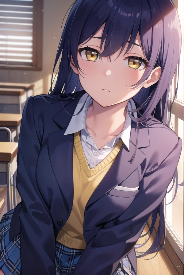 umisonoda, <lora:umisonoda-lora-nochekaiser:1>,
umi sonoda, long hair, blue hair, (yellow eyes:1.5) (flat chest:1.2),
BREAK blazer, blue skirt, jacket, otonokizaka school uniform, pleated skirt, school uniform, winter uniform,
BREAK looking at viewer,
BREAK indoors, classroom,
BREAK <lyco:GoodHands-beta2:1>, (masterpiece:1.2), best quality, high resolution, unity 8k wallpaper, (illustration:0.8), (beautiful detailed eyes:1.6), extremely detailed face, perfect lighting, extremely detailed CG, (perfect hands, perfect anatomy),