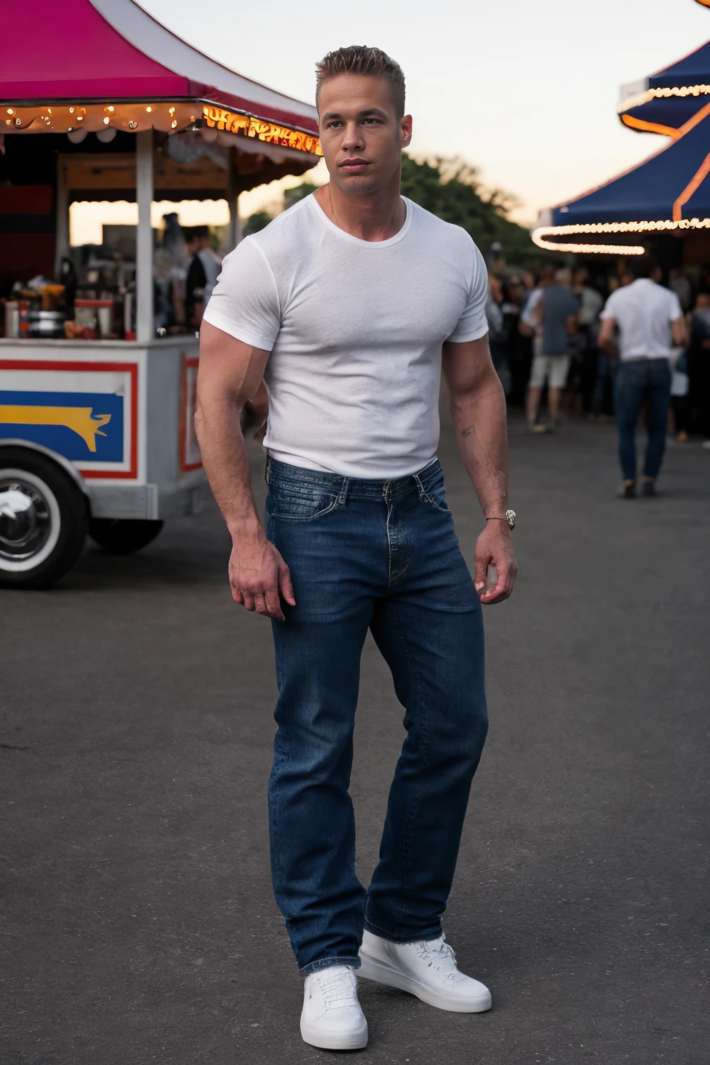 RAW Photo, full body shot photo of man matthew_rush posing in shirt and blue jeans and white sneakers standing at a carnival during the day <lora:matthew_rush-03:1>, 8k uhd, dslr, soft lighting, high quality, film grain, Fujifilm XT3*