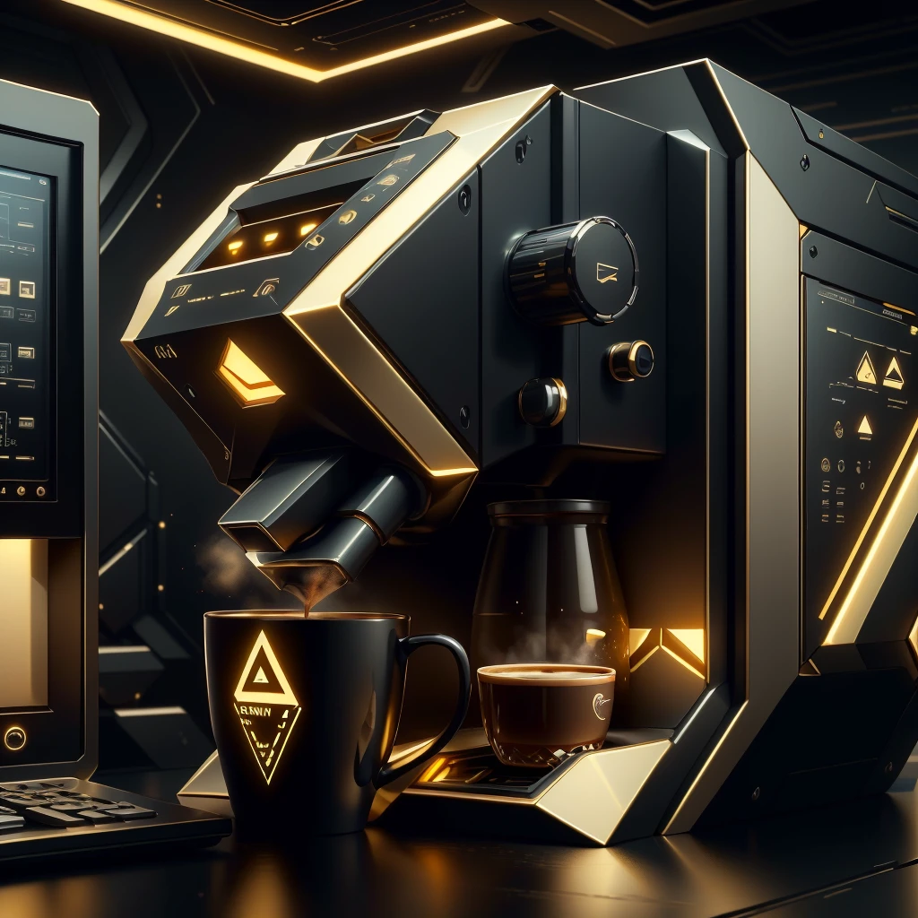 <lora:LuxTech-20:0.8>,luxtech ,scifi, luxurious, gold, cyberpunk, 
coffee machine , coffee mug,