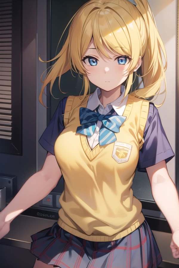 eliayase, <lora:eliayase-lora-nochekaiser:1>,
eli ayase, yellow hair, blue eyes, ponytail, hair ribbon,
BREAK otonokizaka school uniform, pleated skirt, school uniform, short sleeves, skirt, summer uniform, sweater vest, (yellow sweater vest:1.5),
BREAK looking at viewer,
BREAK indoors, classroom,
BREAK <lyco:GoodHands-beta2:1>, (masterpiece:1.2), best quality, high resolution, unity 8k wallpaper, (illustration:0.8), (beautiful detailed eyes:1.6), extremely detailed face, perfect lighting, extremely detailed CG, (perfect hands, perfect anatomy),