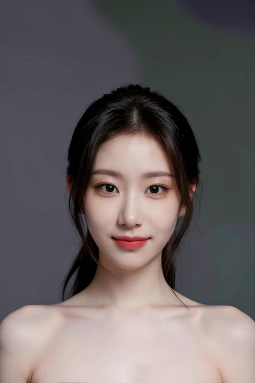 (masterpiece, top quality, best quality, (close-up photograph: 2), ((1girl)), fair skin, (((closed mouth))), small eyes, (extremely detailed face), looking straight, ultra-detailed eyes and pupils, ((bare pectorals)), ((bare chest)), bare head, nude dress, (((bare shoulders))), symmetrical frame, (((strapless))), (smile), ((symmetrical pose)), looking at viewer, (((looking at viewer))), (symmetrical face: 1.6), 35mm, simple grey background, ((studio lighting)), no watermark, ((brunette hair)), ponytail, <lora:chaeryeonglorashy:0.85>