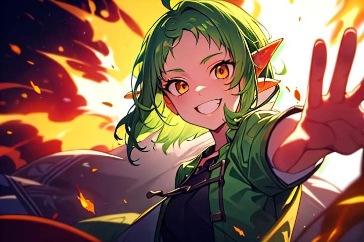 <lora:Sylphiette:0.7>
Sylphiette, green hair, brown eyes, (psychopathic smile:1.3), fire explosions in the background