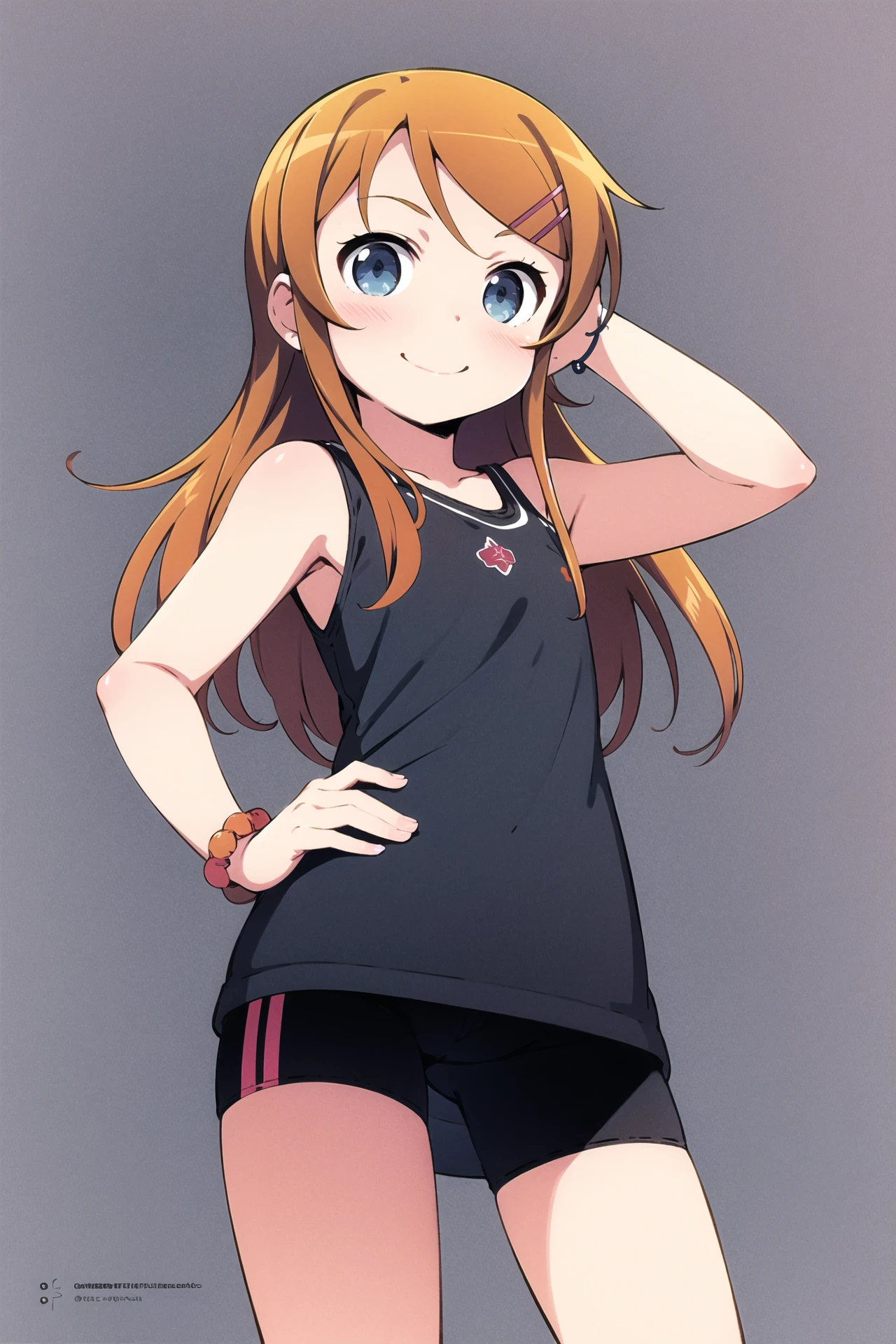 1girl, solo, long hair, kousaka kirino, hair ornament, blue eyes, smile, hand on hip, hairclip, shorts, jewelry, dress, orange hair, bracelet, star (symbol), blush, black shorts, bike shorts, looking at viewer, casual, scrunchie, <lora:Kanzaki Hiro:0.8>