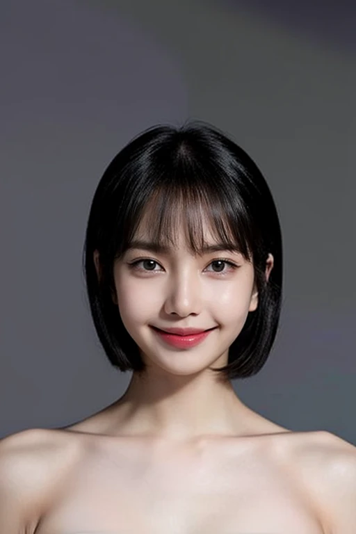(masterpiece, top quality, best quality, (close-up photograph: 2), ((1girl)), fair skin, (((closed lips))), small eyes, (extremely detailed face), looking straight, ultra-detailed eyes and pupils, ((bare pectorals)), ((bare chest)), bare head, nude dress, (((bare shoulders))), symmetrical frame, ((strapless)), (((smile))), ((symmetrical pose)), looking at viewer, (((looking at viewer))), (symmetrical face: 1.6), 35mm, simple grey background, ((studio lighting)), no watermark, ((short black hair)), bangs, <lora:lisalorashy:0.85>