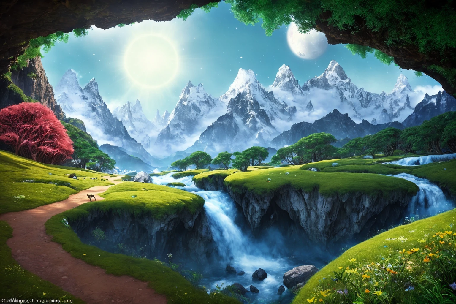 Wonderful and magical world, full of life and color. The forests were dense and lush, with tall-branched trees stretching skyward, and shrubs and grasses of every imaginable color covering the ground. The streams and rivers were crystal clear and ran through the lands, reflecting the sun and moons on their surface. The mountains were majestic, tall and full of life, with snow-capped peaks that shimmered in the sun and a rich vegetation that adhered to its slopes. There were caves and secret passages hidden in the mountains, The meadows were endless, with soft, silky grass swaying in the wind and stretching towards the horizon. Animals grazed peacefully in these fields. The sky was a spectacle, full of vibrant and bright colors that merged creating amazing celestial landscapes. The sun and its two moons shone in the sky
