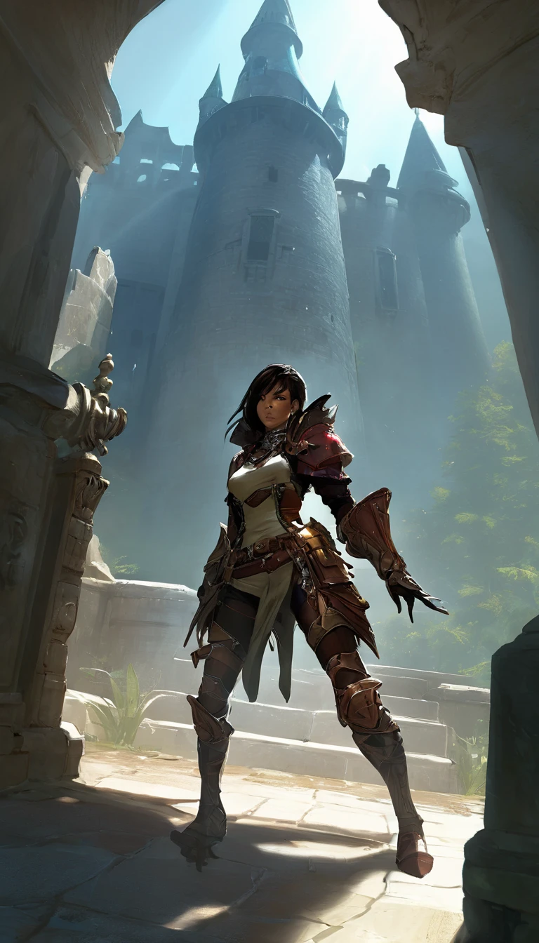 Cinematic scene, hero view, a rogue thief infiltrates a heavily guarded castle in search of a powerful artifact, but is caught by the guards and must use all her cunning to escape, action pose, masterpiece, best quality, high quality, highres, absurdres, vivid, Guild Wars 2 <lora:guild_wars_xl_v4:1>